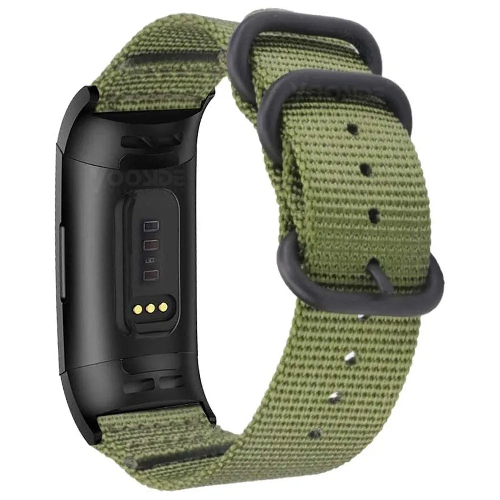 Nylon replacement strap with buckle for Fitbit Charge 2, 3, 4, and 5 fitness trackers.