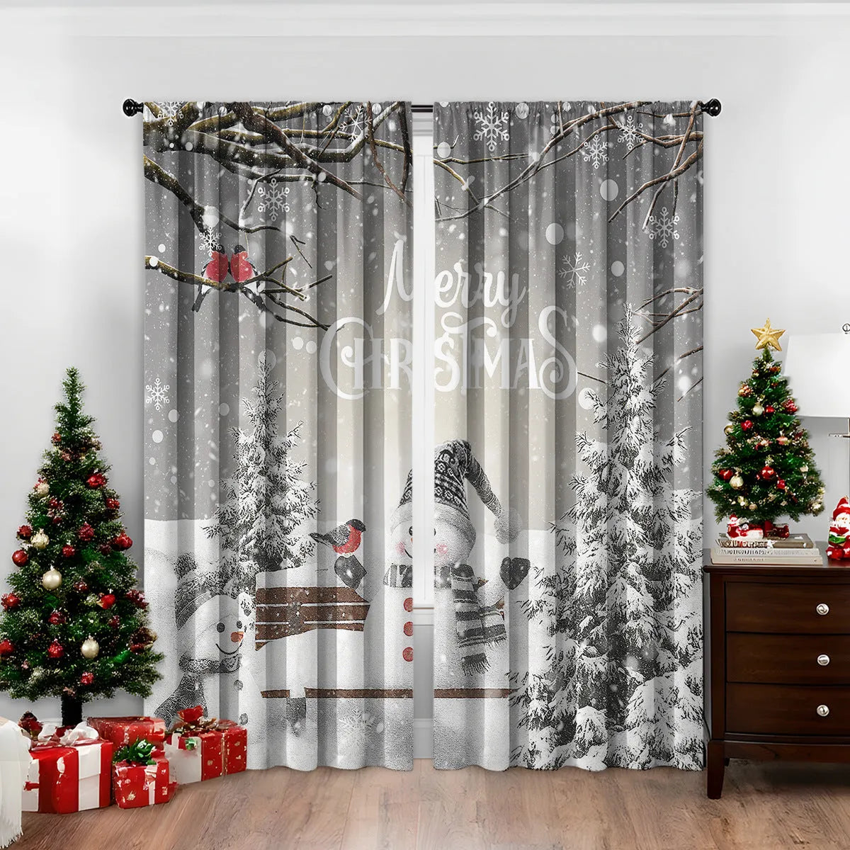 3D digitally printed modern Christmas curtain in a polyester fabric, showing one of fifteen available design styles.