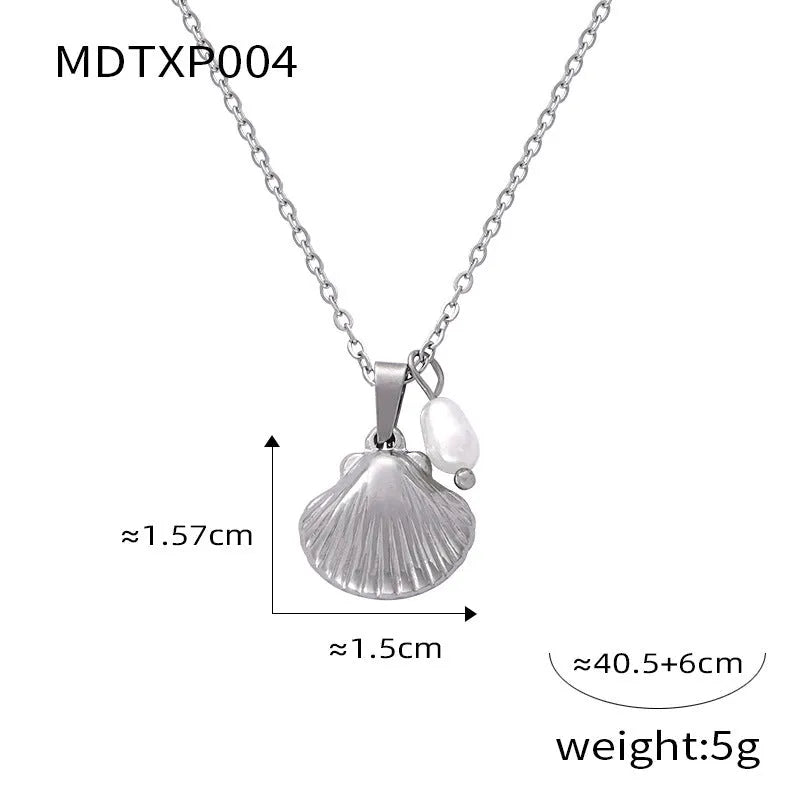 French vintage shell design women's necklace with jewelled pendant and freshwater pearl beads on O-shaped titanium steel chain