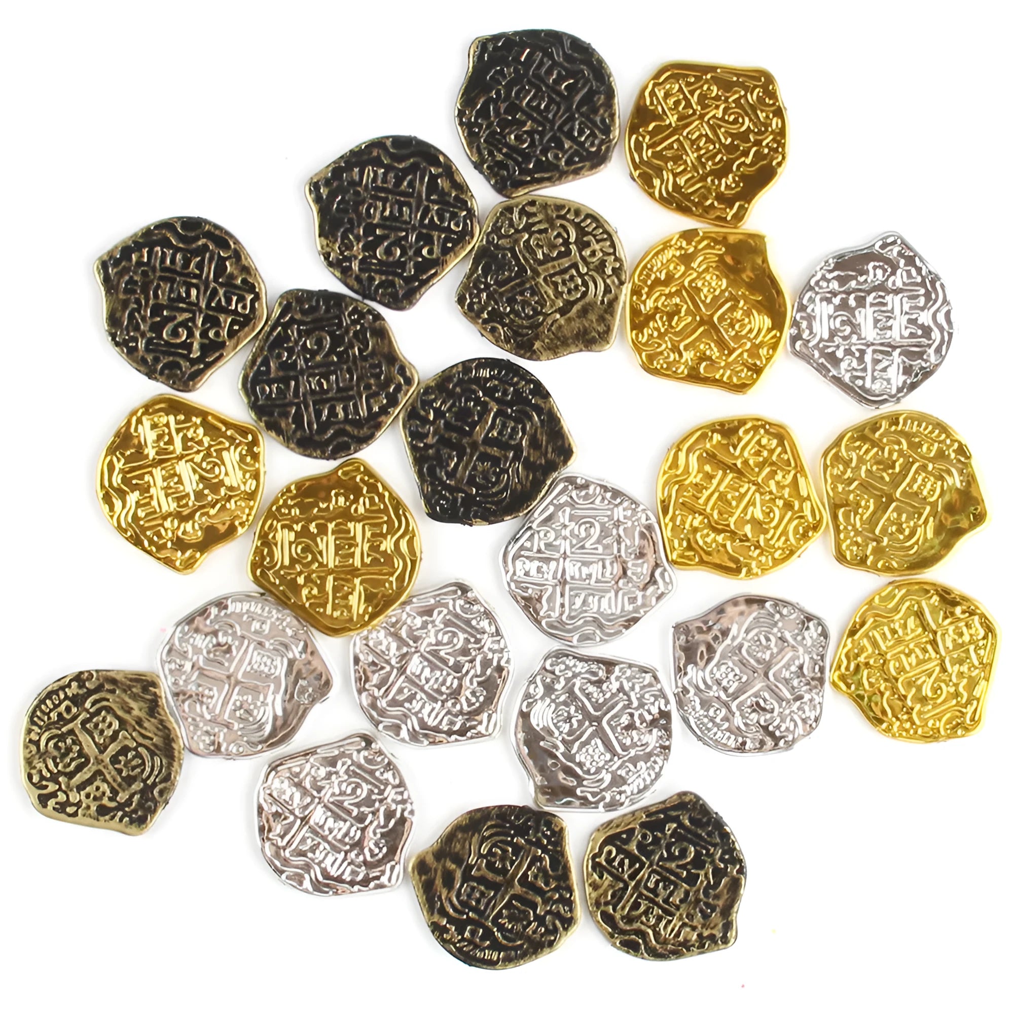 Set of 100 Doli Roman pirate coins with electroplated bronze, gold, and silver finishes for decoration.