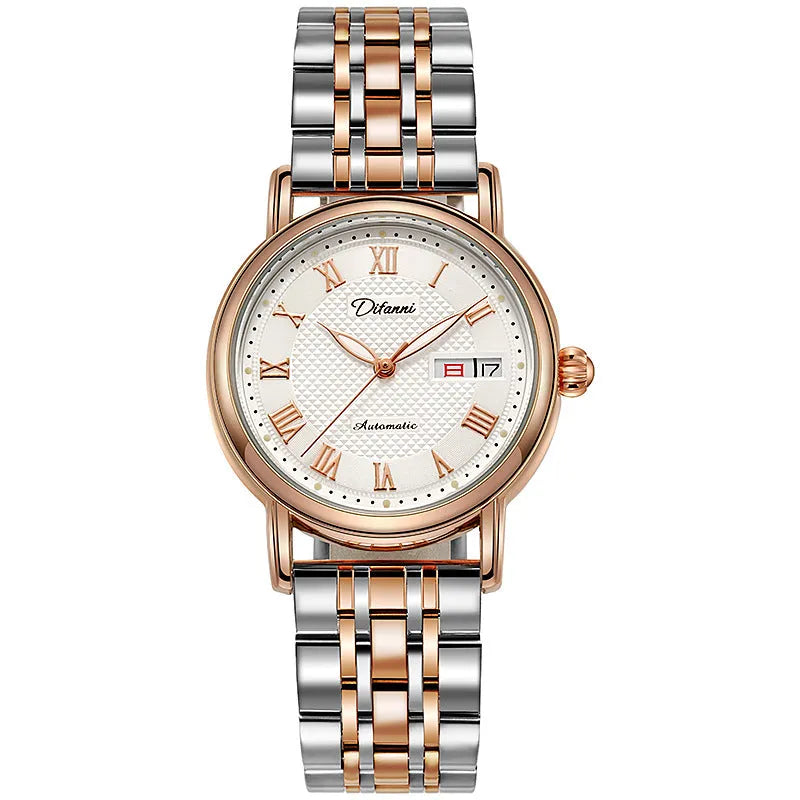 Women's automatic mechanical fashion watch with 12mm thickness showing steel and leather strap options