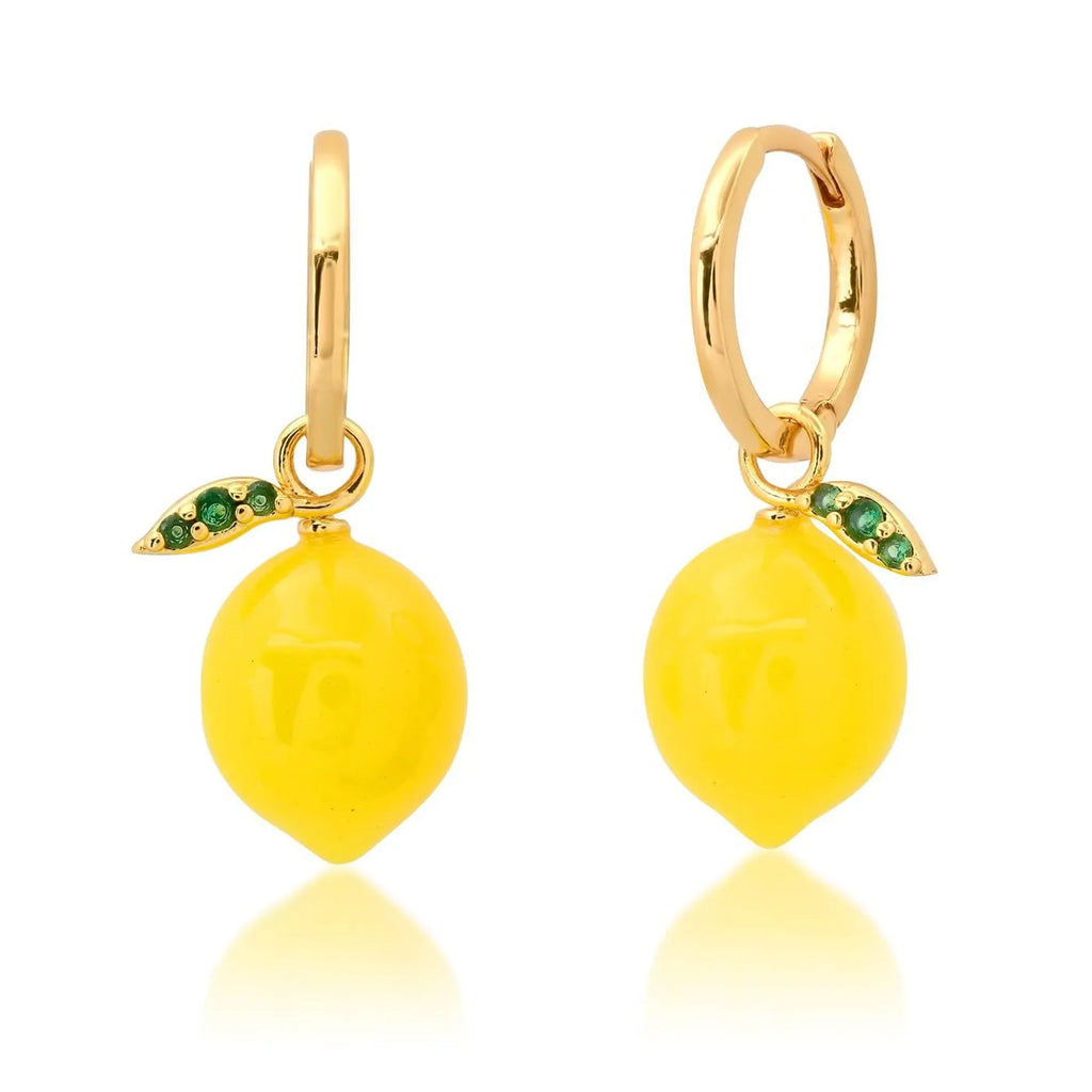 Gold plated copper earrings with colourful fruit and vegetable designs including carrot, lemon, and blueberry styles.