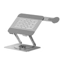 Silver carbon steel laptop stand with 360-degree rotation and a side-mounted magnetic phone holder.