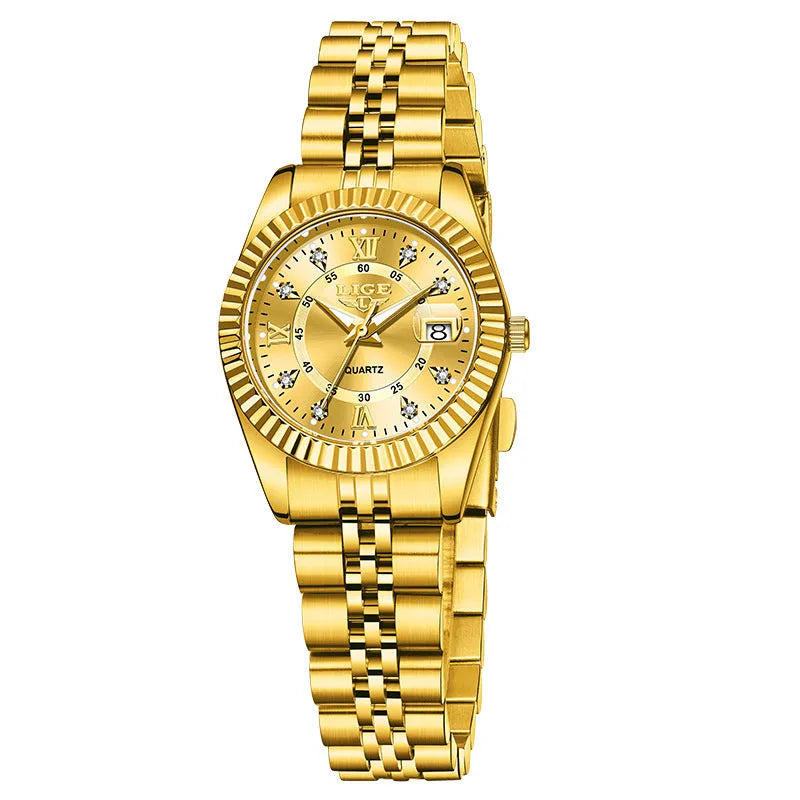 Waterproof women's fashion quartz watch with 10mm thickness in gold and silver colour variations