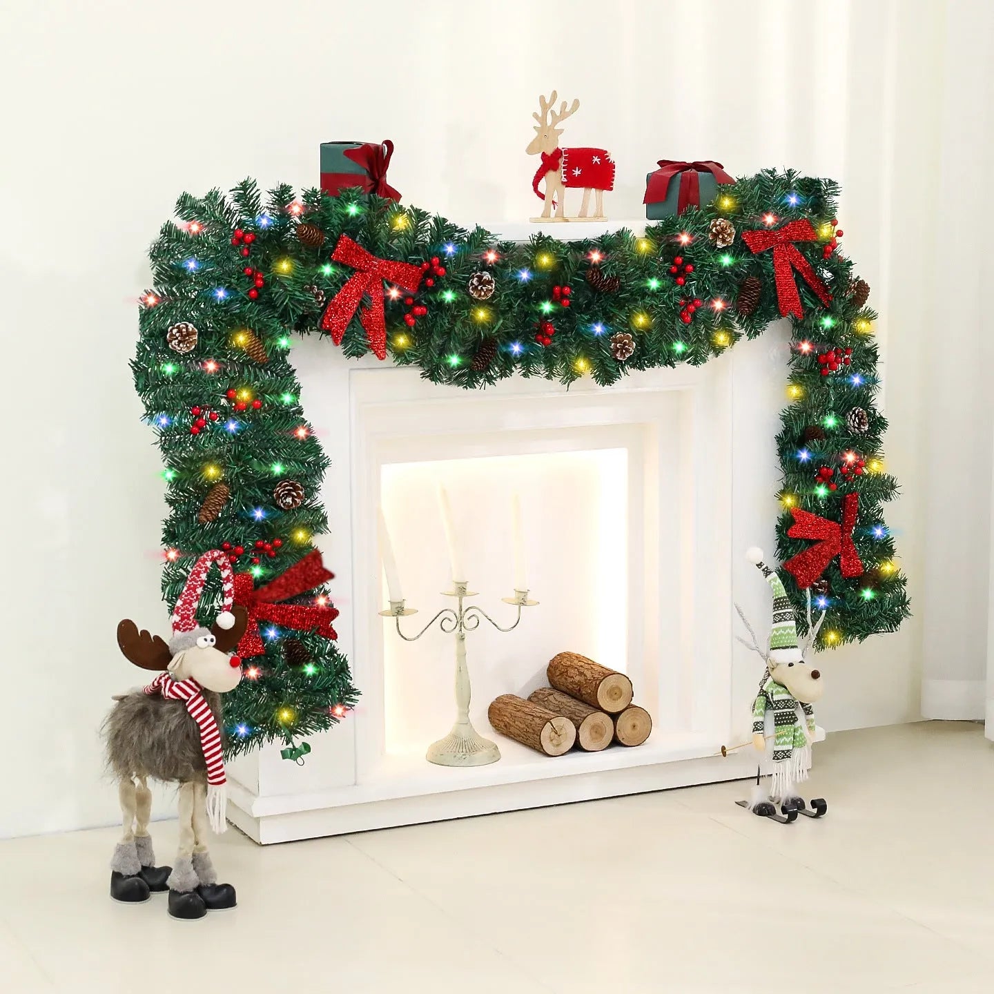 70cm tall Christmas rattan decorative cane with pine cone and red bow, shown on a festive table setting.