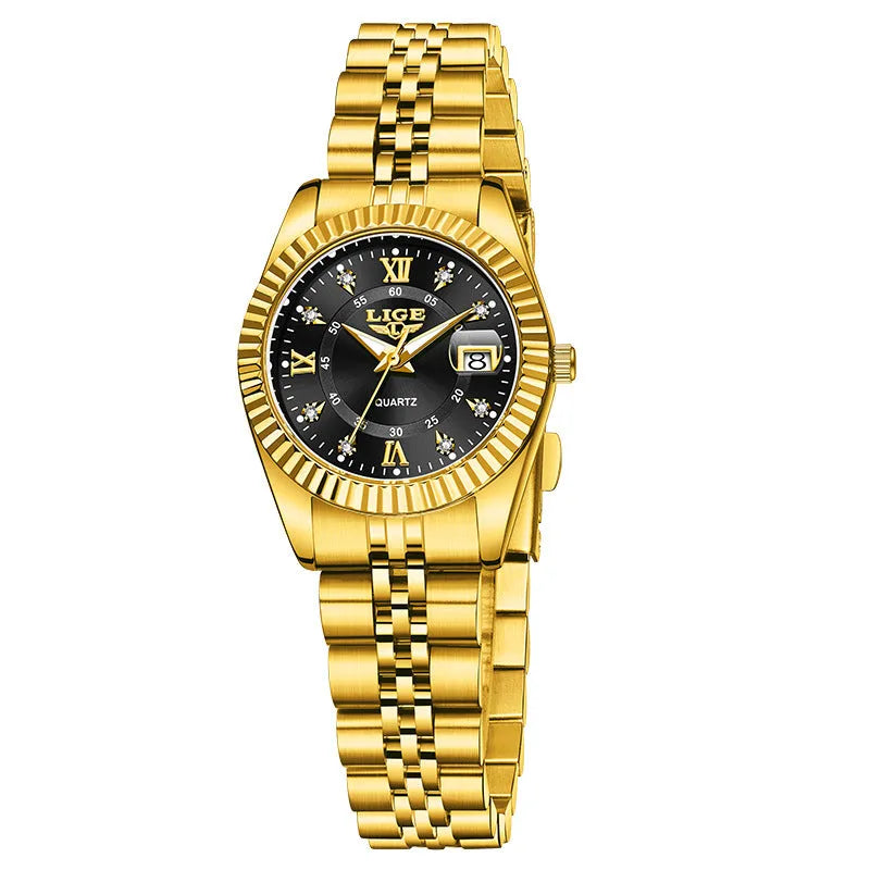 Waterproof women's fashion quartz watch with 10mm thickness in gold and silver colour variations