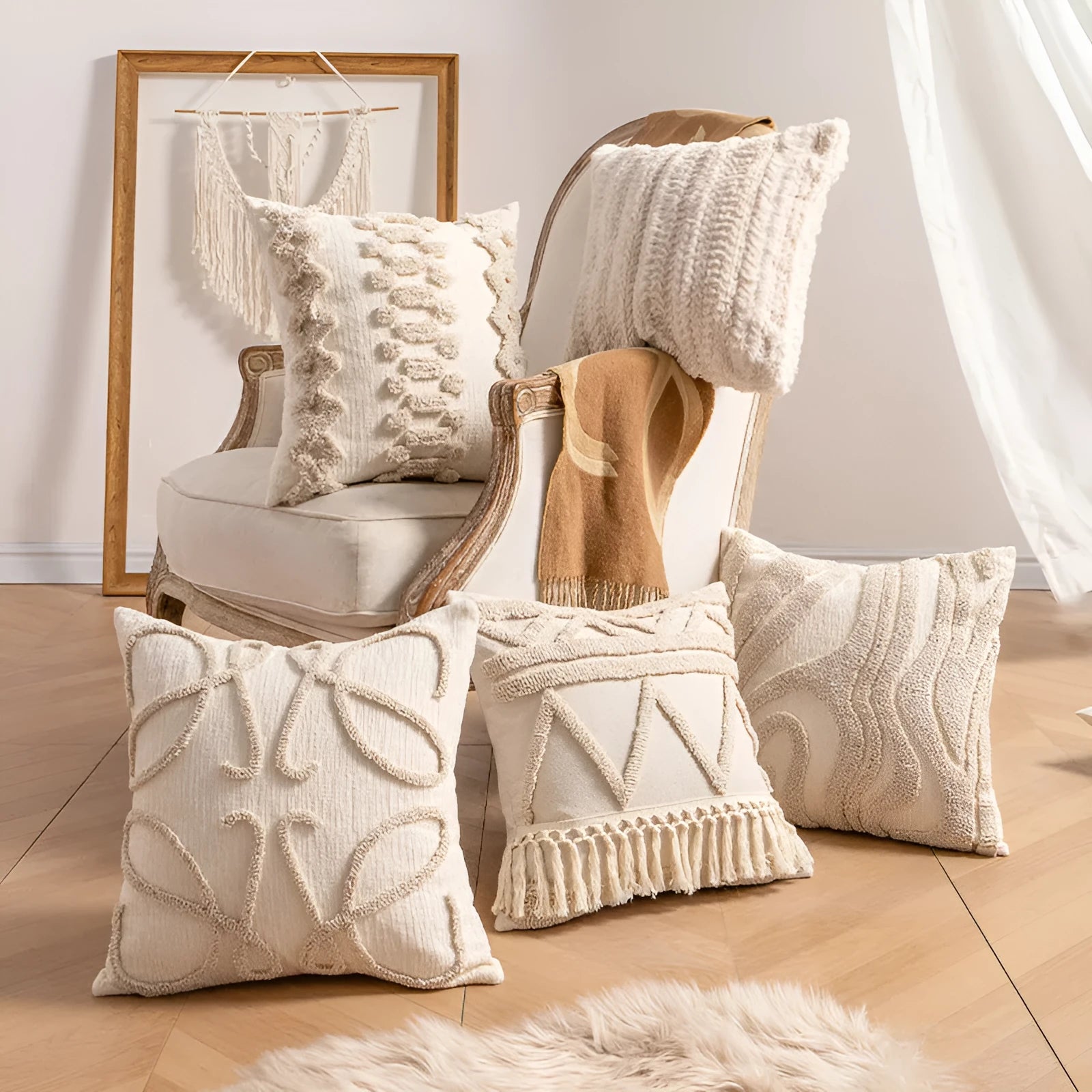 Knitted striped cushion cover with tassel decoration in a choice of six patterns.