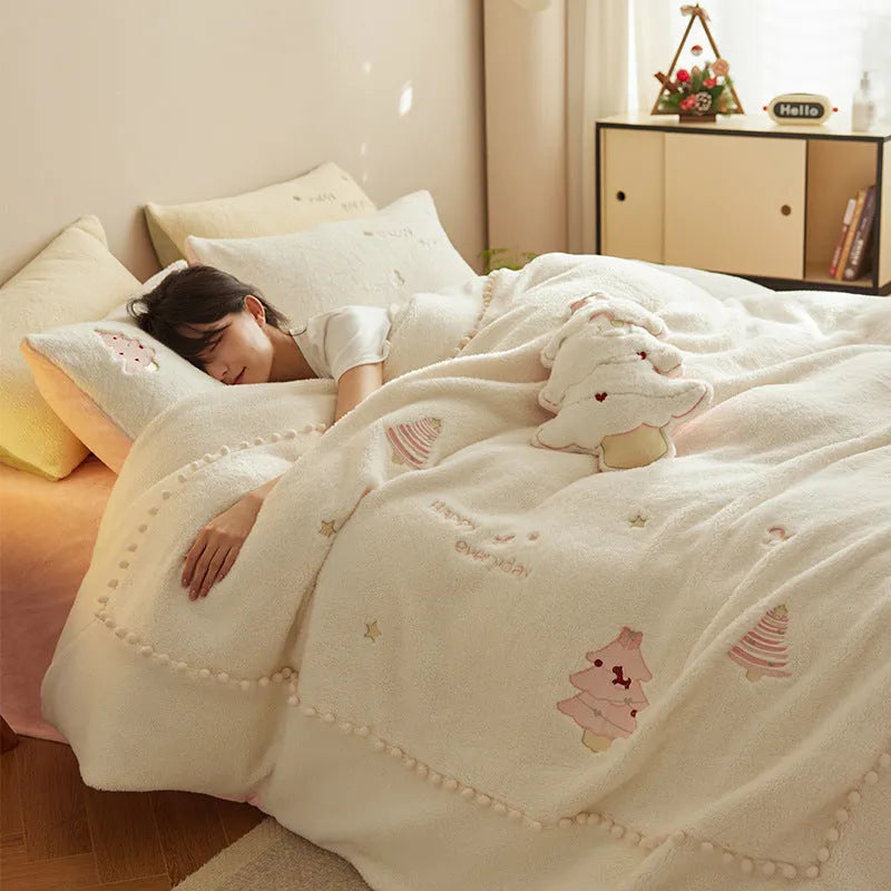 Milk fibre Christmas bedding set with reactive printed tree pattern shown on bed