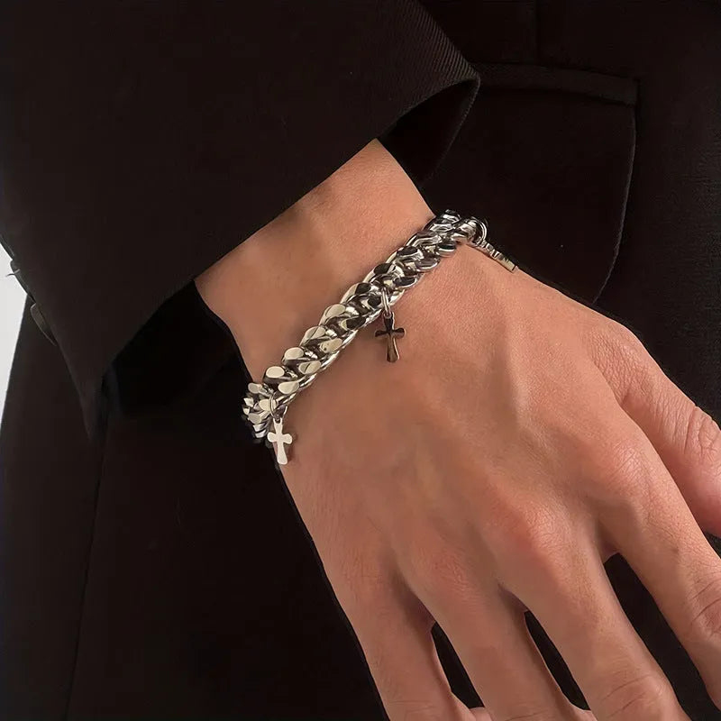 Men's geometric titanium steel bracelet with cross pendant in cold wind style