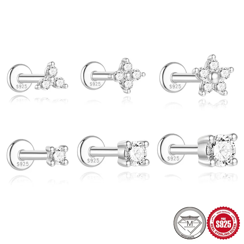 S925 sterling silver stud earrings with petal diamond geometric designs in platinum plating