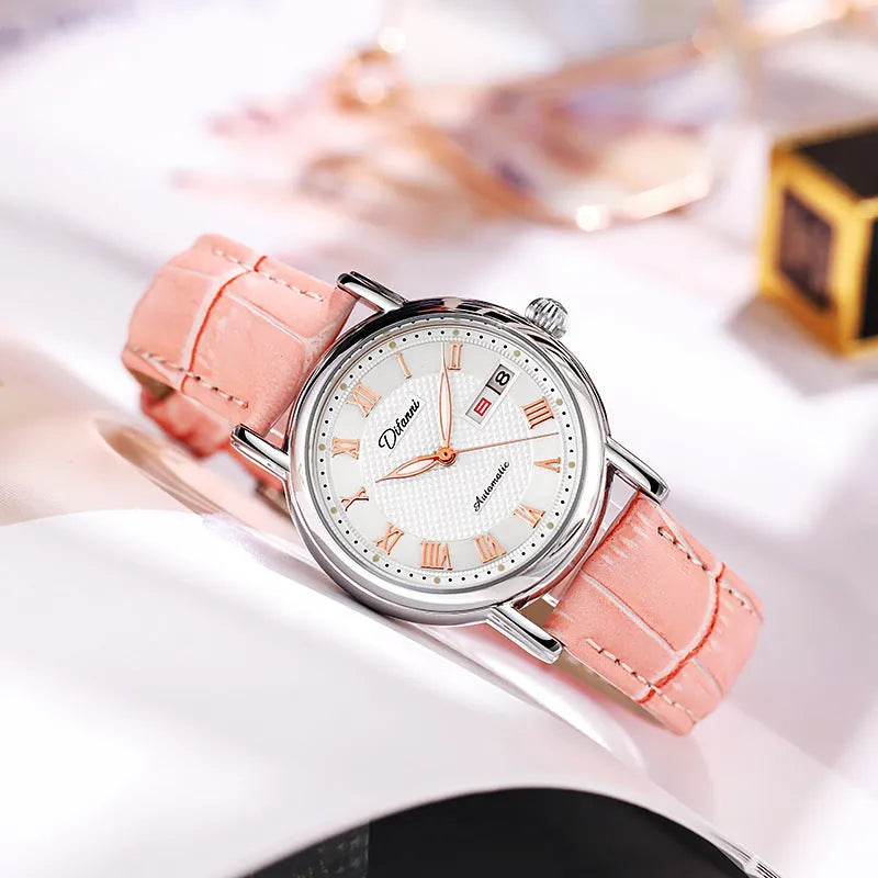Women's automatic mechanical fashion watch with 12mm thickness showing steel and leather strap options