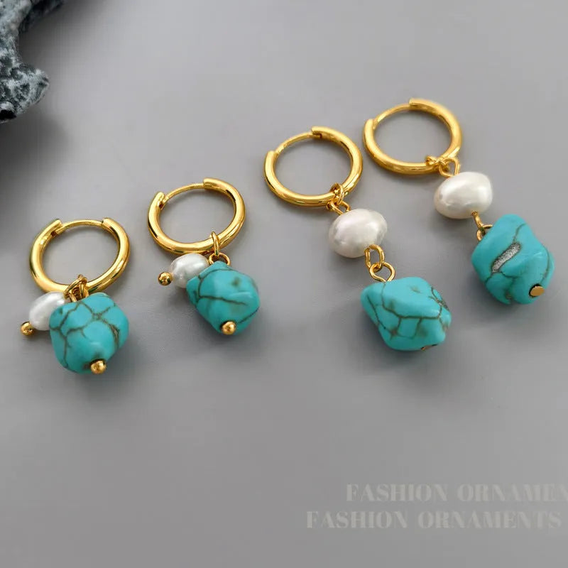 Turquoise and cultured pearl ear clip earrings in irregular geometric shape, shown in both short and long dangle styles