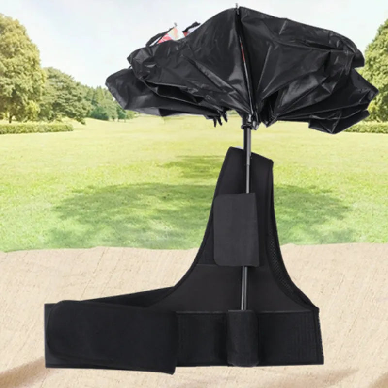 Black portable umbrella holder with fixed shoulder strap for hands-free sunshade use