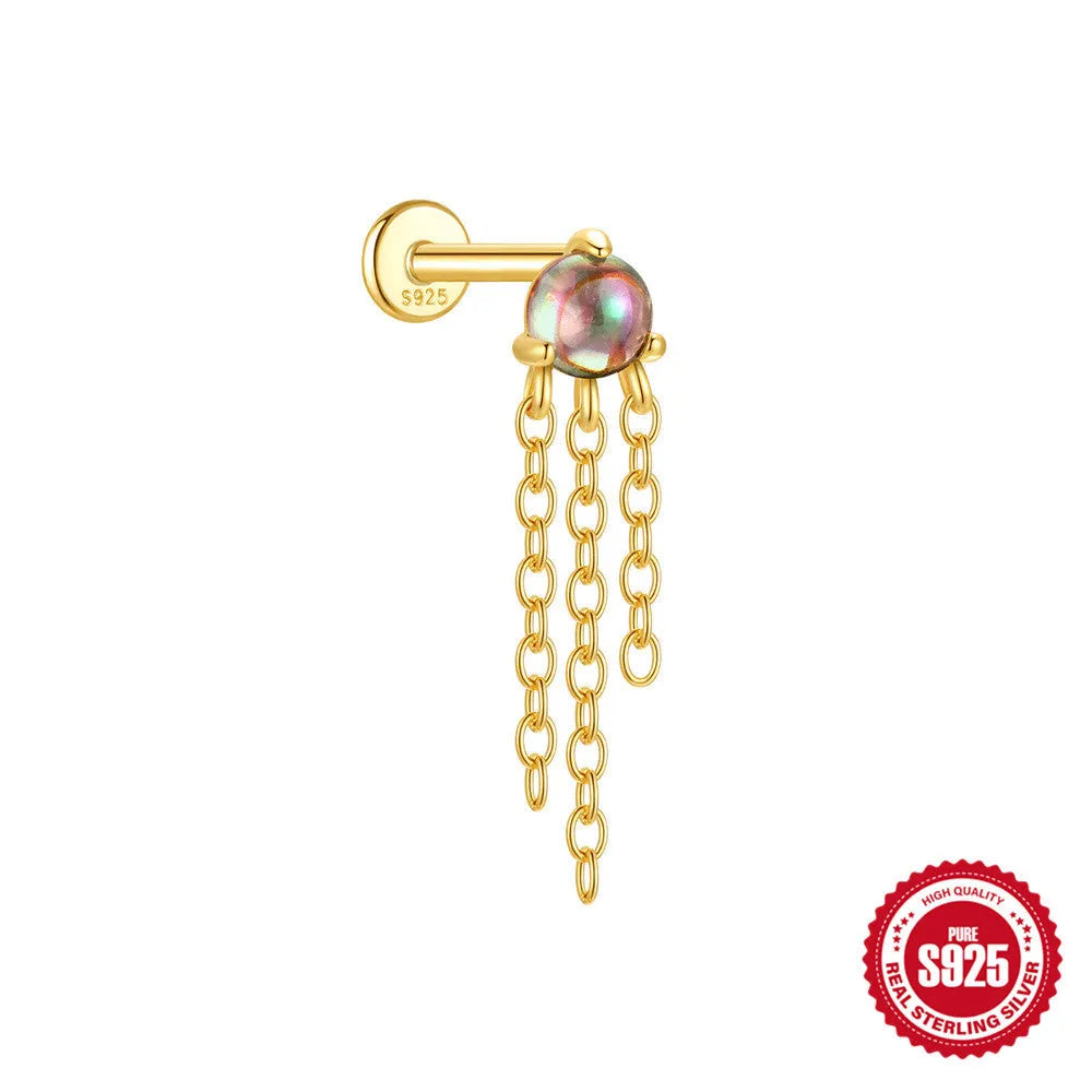 S925 sterling silver geometric flat head earring with a shiny rainbow stone on an alloy backing.
