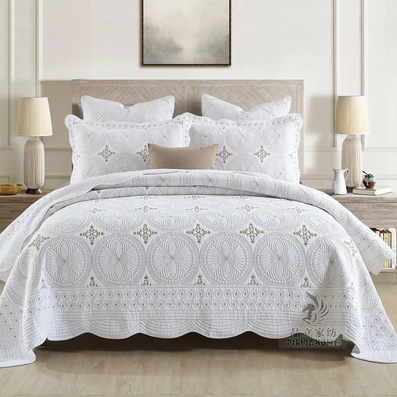 Pure cotton embroidered bedspread and two pillowcases set on a 1.8 metre bed.