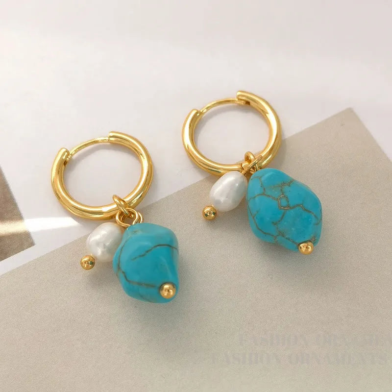 Turquoise and cultured pearl ear clip earrings in irregular geometric shape, shown in both short and long dangle styles