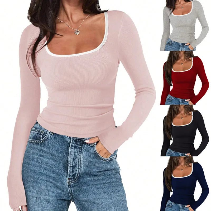 Women's slim fit cotton top with square collar in light grey, shown front view.