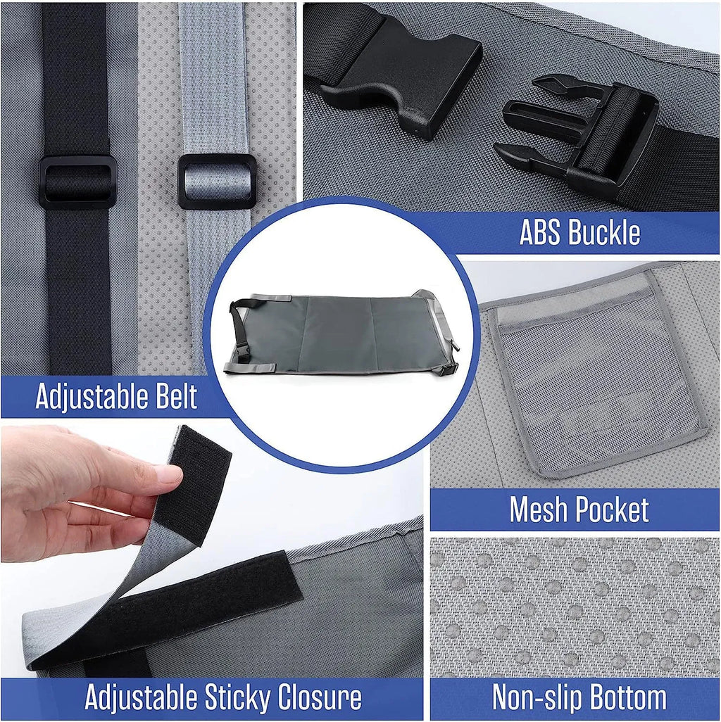 Portable blue children's aircraft pedal seat extender with extension device and drawstring pocket