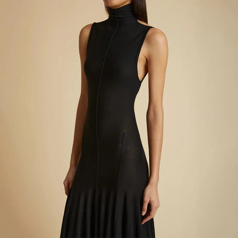 Grey slim-fit half turtleneck backless cotton dress with sleeveless design