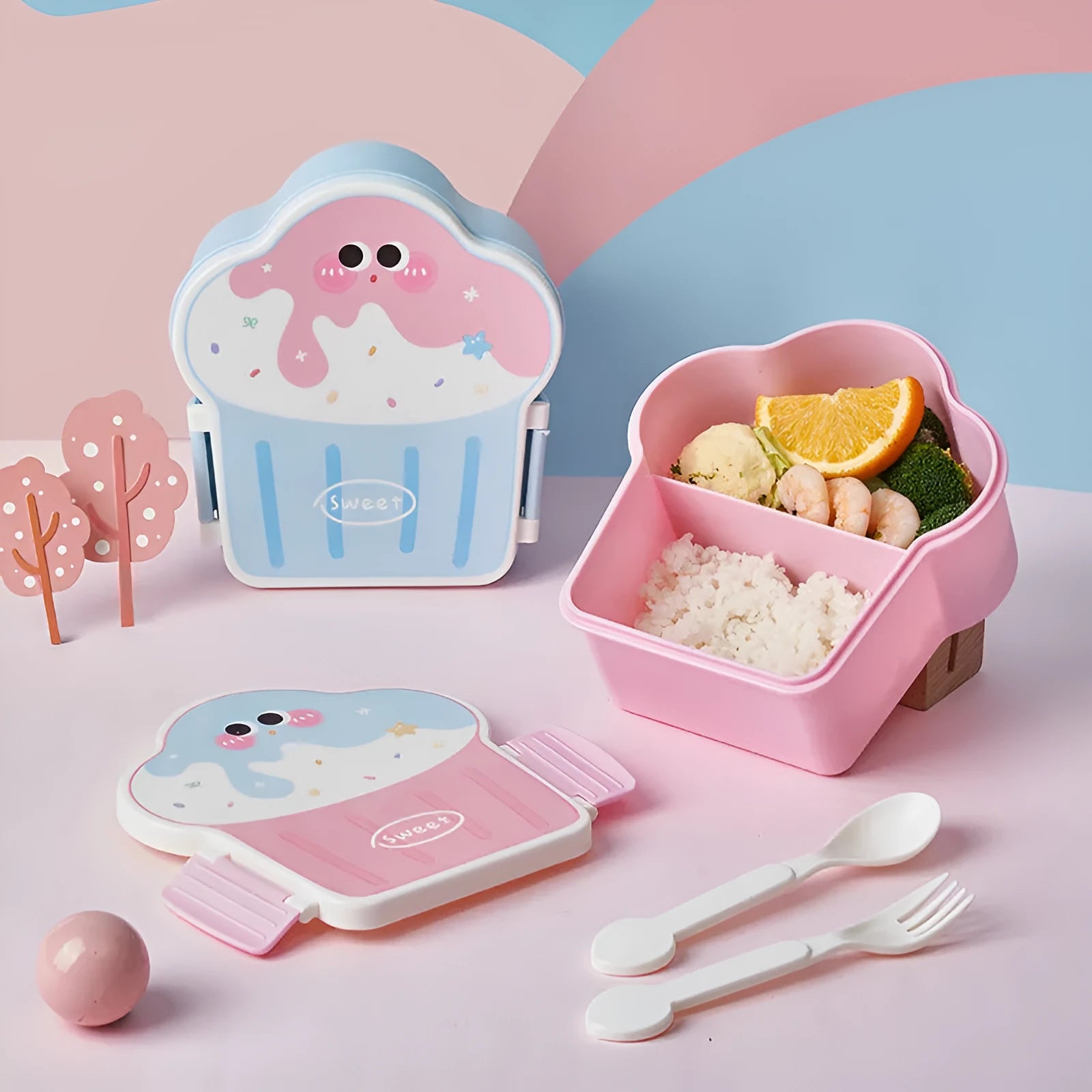 Creative ice cream shaped plastic lunch box with spoon and fork set in pink or blue colour