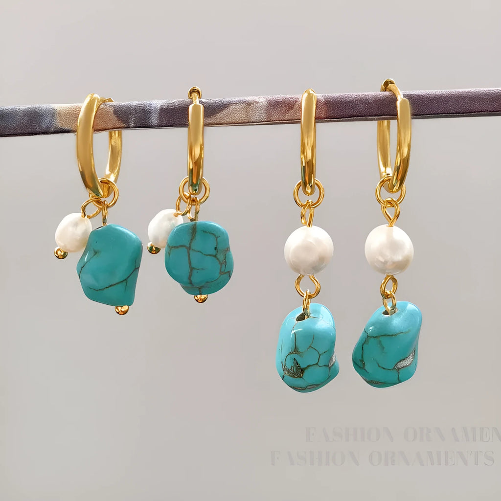 Turquoise and cultured pearl ear clip earrings in irregular geometric shape, shown in both short and long dangle styles