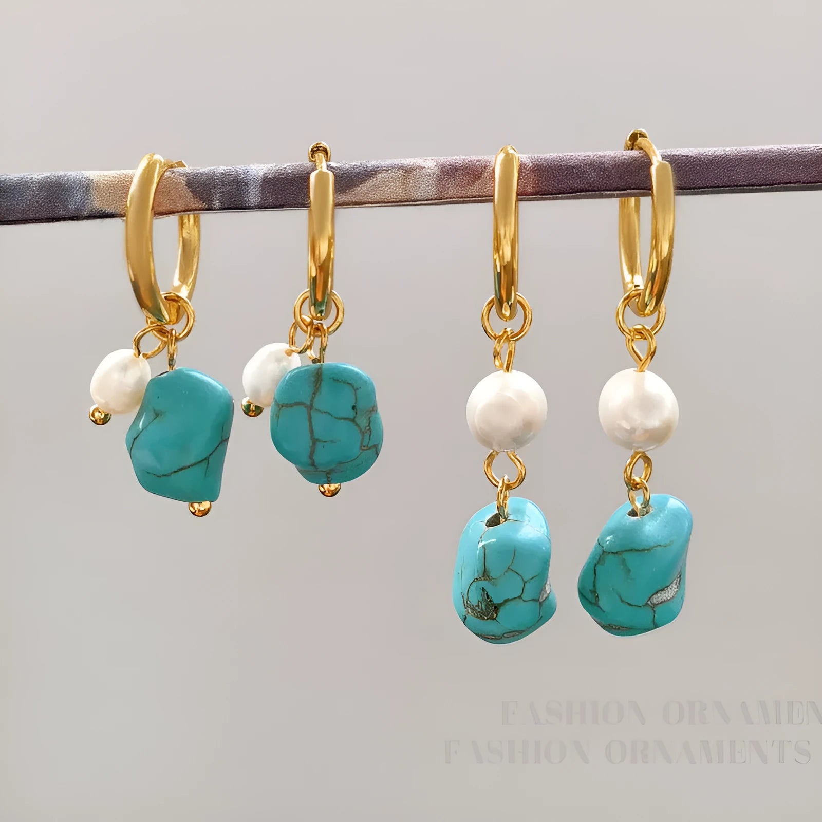 Turquoise and cultured pearl ear clip earrings in irregular geometric shape, shown in both short and long dangle styles