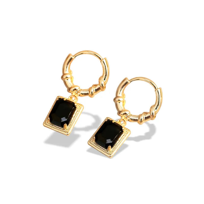 French court retro black zircon earrings with geometric quadrilateral shape on copper base