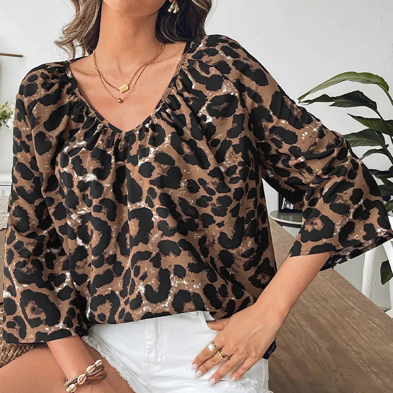 Women's multicolour leopard print half sleeve V-neck pullover top with pleating detail