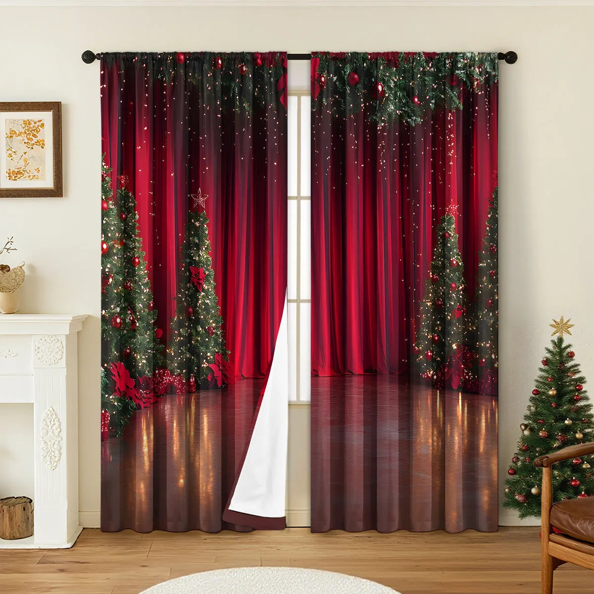 3D digitally printed Christmas curtains with European style patterns in polyester fabric