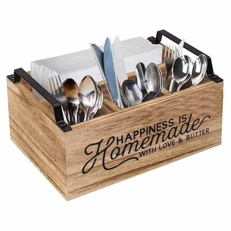 Wooden kitchen storage box with grid dividers for cutlery organisation