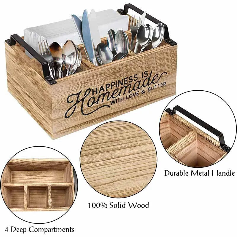 Wooden kitchen storage box with grid dividers for cutlery organisation