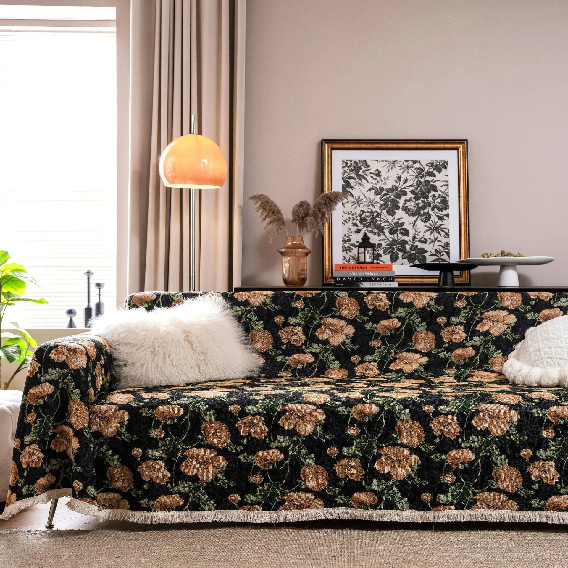Thick jacquard floral sofa cover in American country style, showing detailed cherry flower pattern on white background.