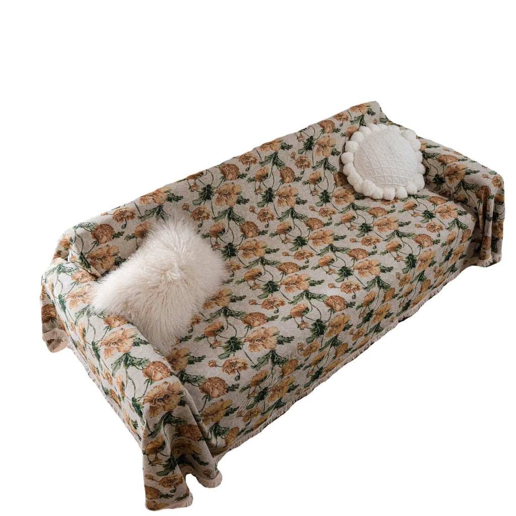 Thick jacquard floral sofa cover in American country style, showing detailed cherry flower pattern on white background.