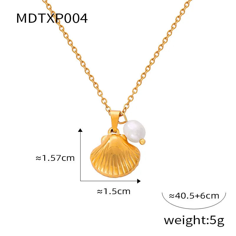 French vintage shell design women's necklace with jewelled pendant and freshwater pearl beads on O-shaped titanium steel chain