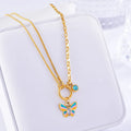 Gold titanium steel butterfly jewellery set with colourful epoxy pendant on snake bones chain necklace and bracelet