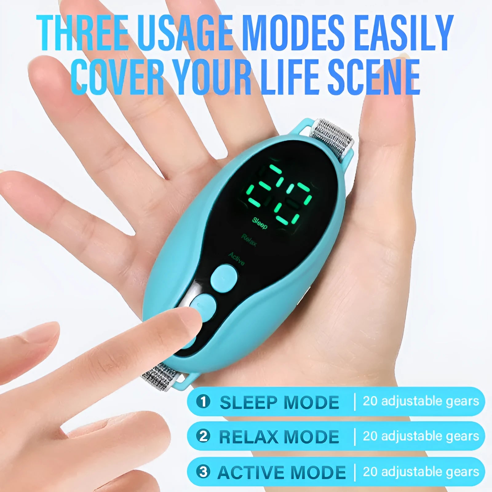 White and blue USB sleep aid device with digital display showing 20-position wind adjustment settings