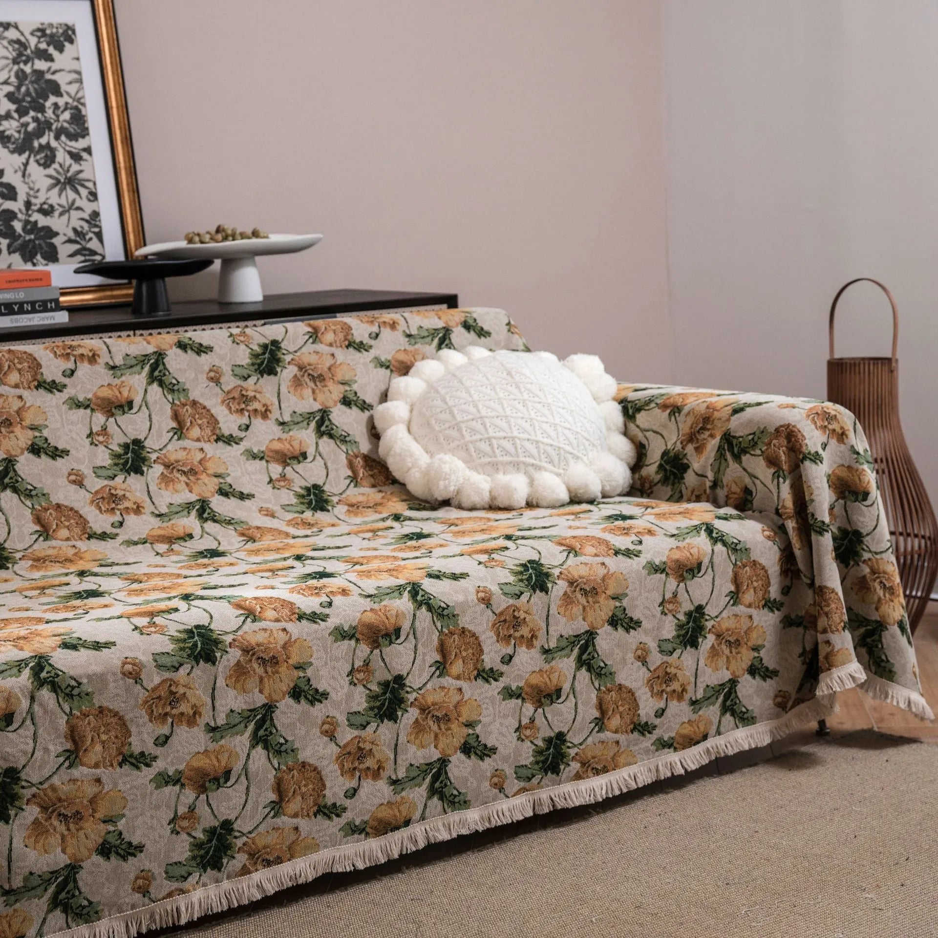 Thick jacquard floral sofa cover in American country style, showing detailed cherry flower pattern on white background.
