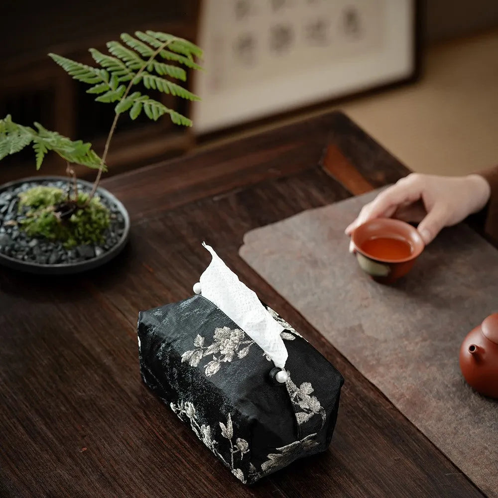 New Chinese style brocade fabric tissue box with embroidered white plum design