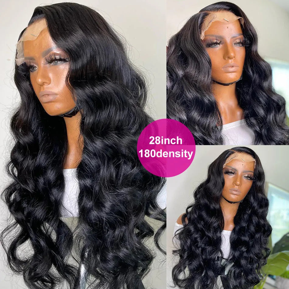 Black long curly synthetic wig with front lace and side bangs on a wig stand