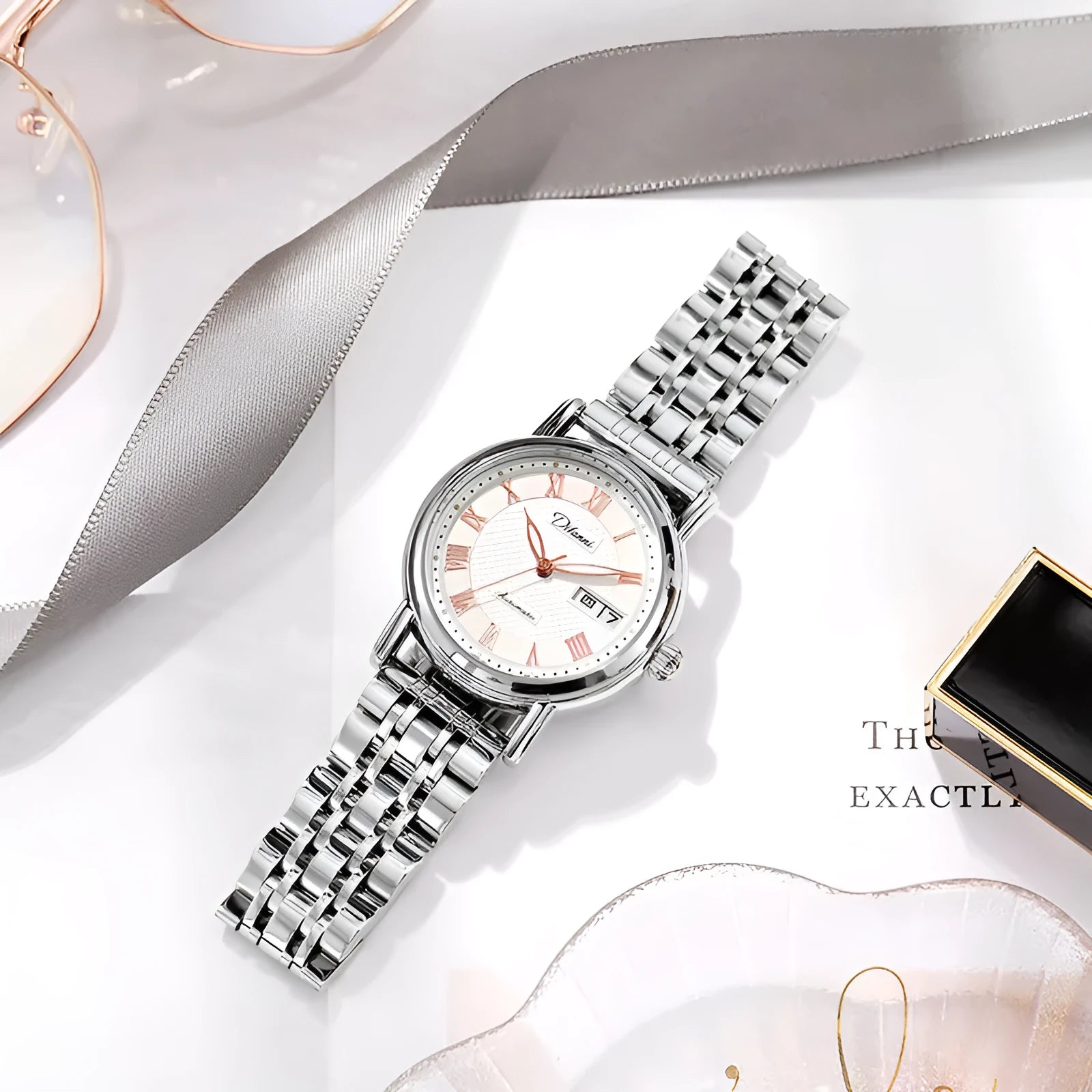 Women's automatic mechanical fashion watch with 12mm thickness showing steel and leather strap options