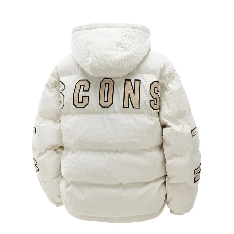 Men's black padded hooded jacket with white letter print detail on the front.