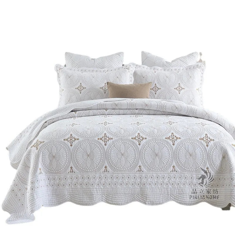 Pure cotton embroidered bedspread and two pillowcases set on a 1.8 metre bed.