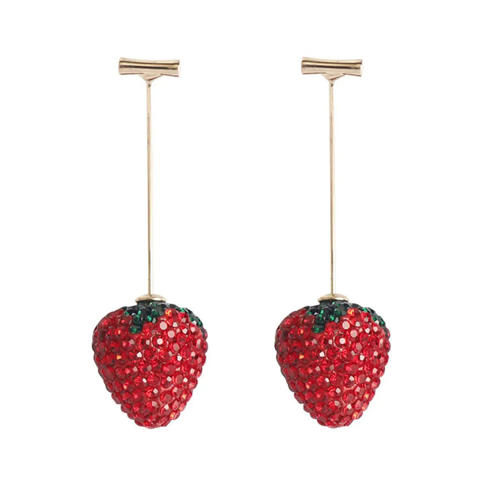 Geometric strawberry-shaped zinc alloy earrings with spot drill texture in red colour.