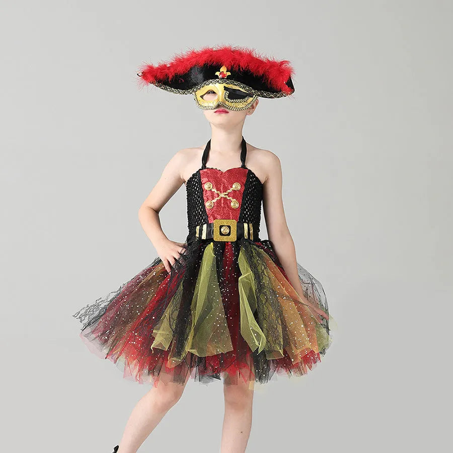 Girls sleeveless pirate dress costume with sequins, mesh, and lace detailing.