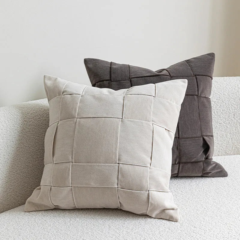 Square chenille woven sofa cushion in beige colour with textured surface and feather velvet core