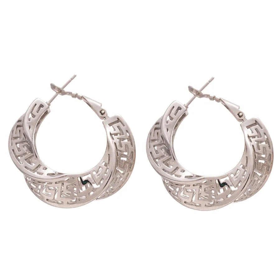 Geometric hollow stud earrings with twisted round design in gold or silver finish