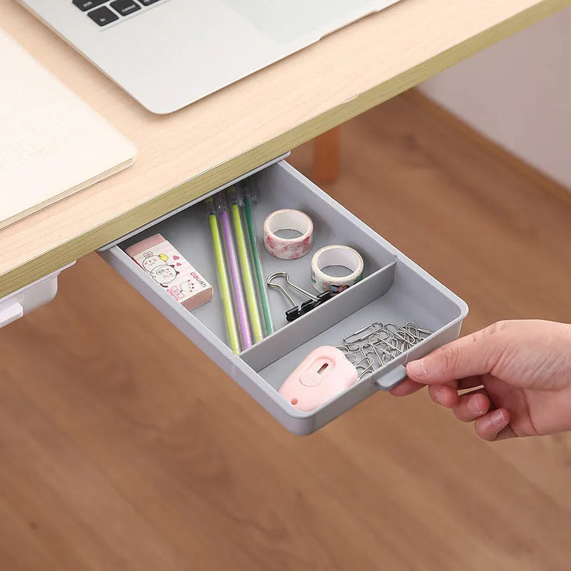 Plastic adhesive under-desk storage drawer with cover in grey, white, orange or yellow