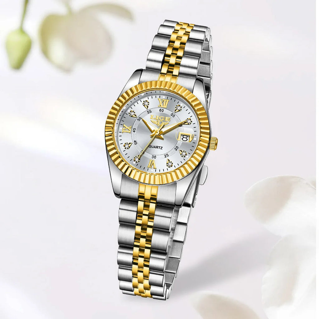 Waterproof women's fashion quartz watch with 10mm thickness in gold and silver colour variations