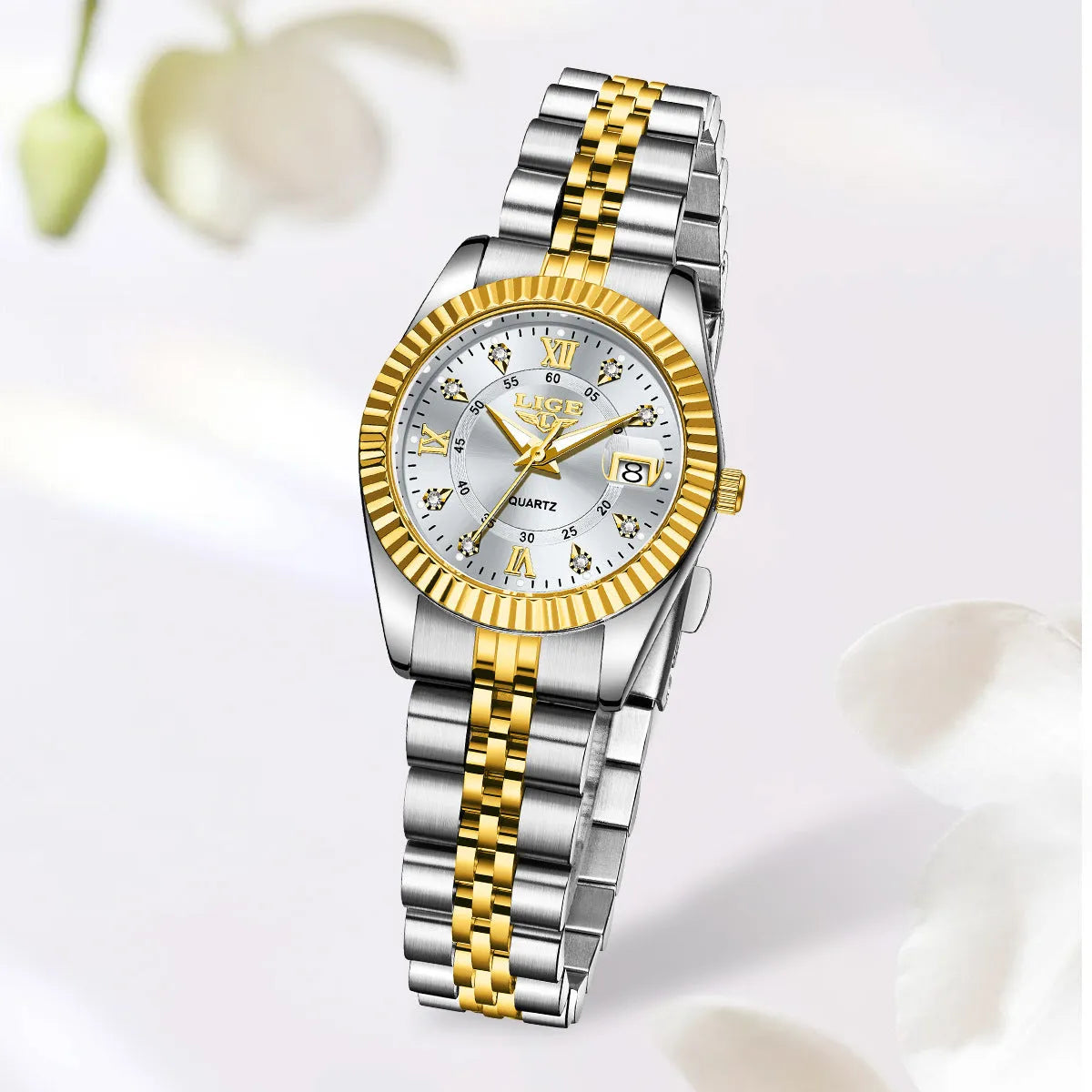 Waterproof women's fashion quartz watch with 10mm thickness in gold and silver colour variations