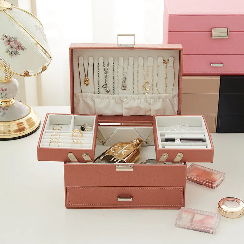 Hard shell leather jewellery storage box in beige solid colour showing dimensions